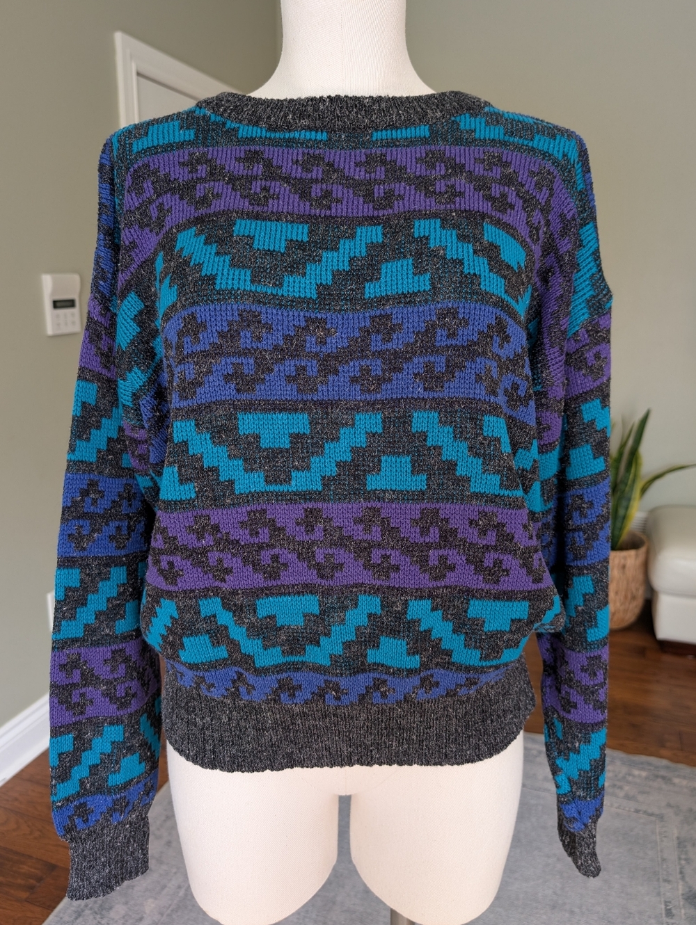 Vintage 90s Women's Aztec Knit Sweater Blue Teal Purple Cozy Retro Size L